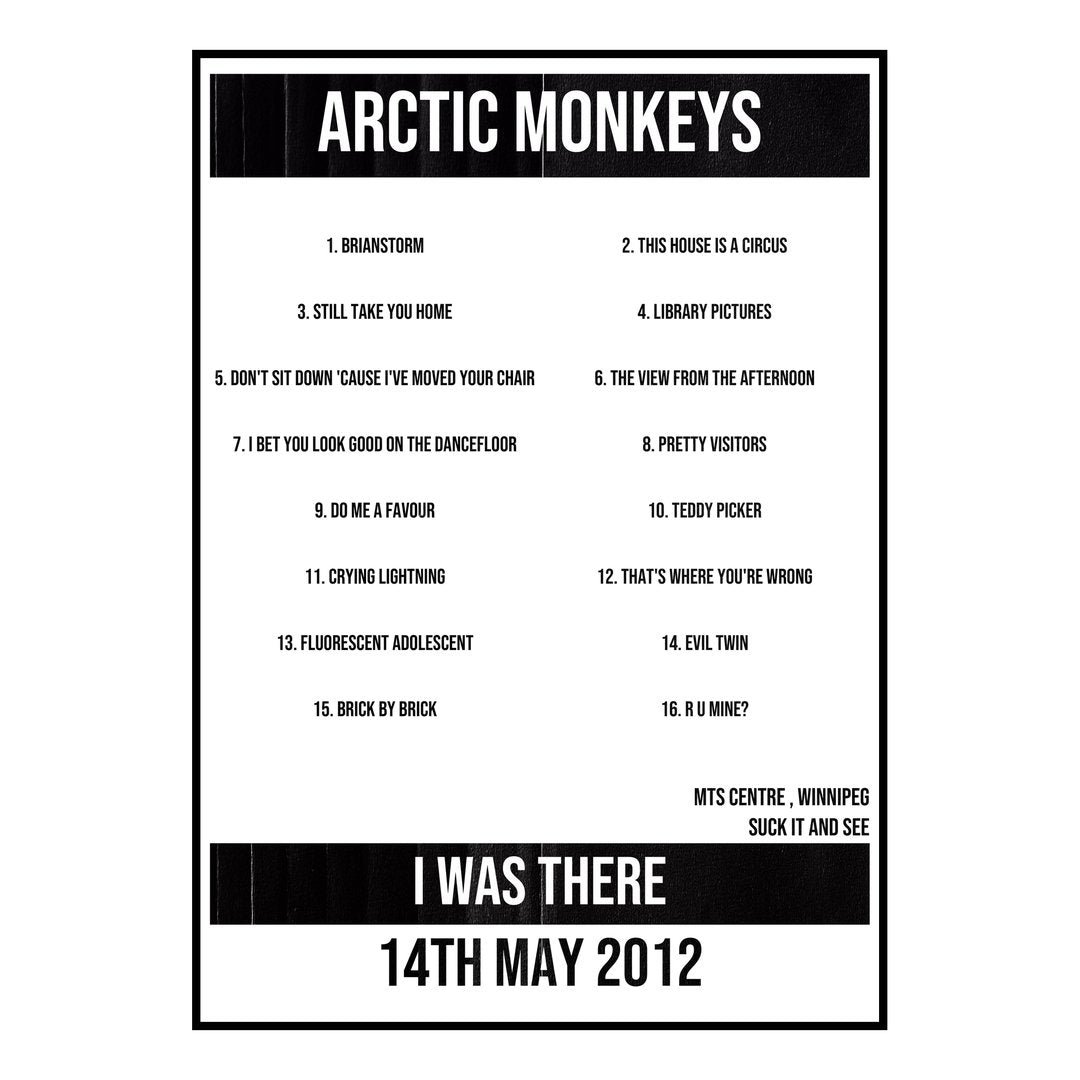 Arctic Monkeys Winnipeg 14th May 2012 Setlist poster