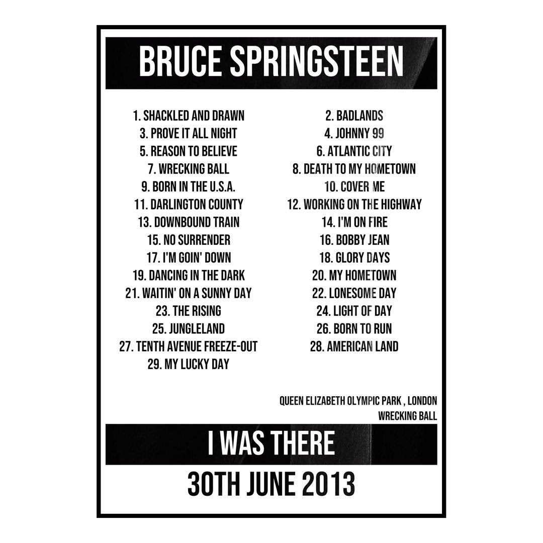 Bruce Springsteen London 30th June 2013 Setlist poster