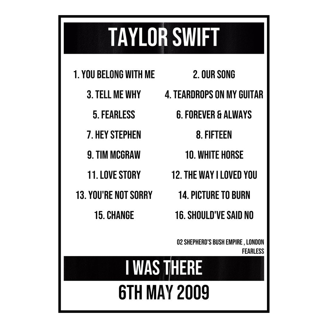 Taylor Swift London 6th May 2009 Setlist poster