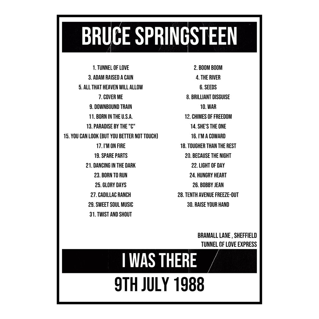 Bruce Springsteen Sheffield 9th July 1988 Setlist poster