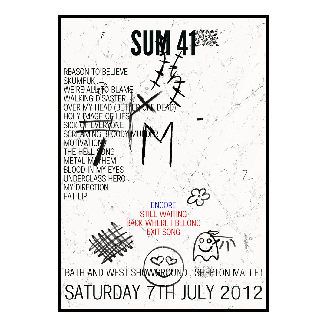Sum 41 Shepton Mallet 7th July 2012 Setlist poster