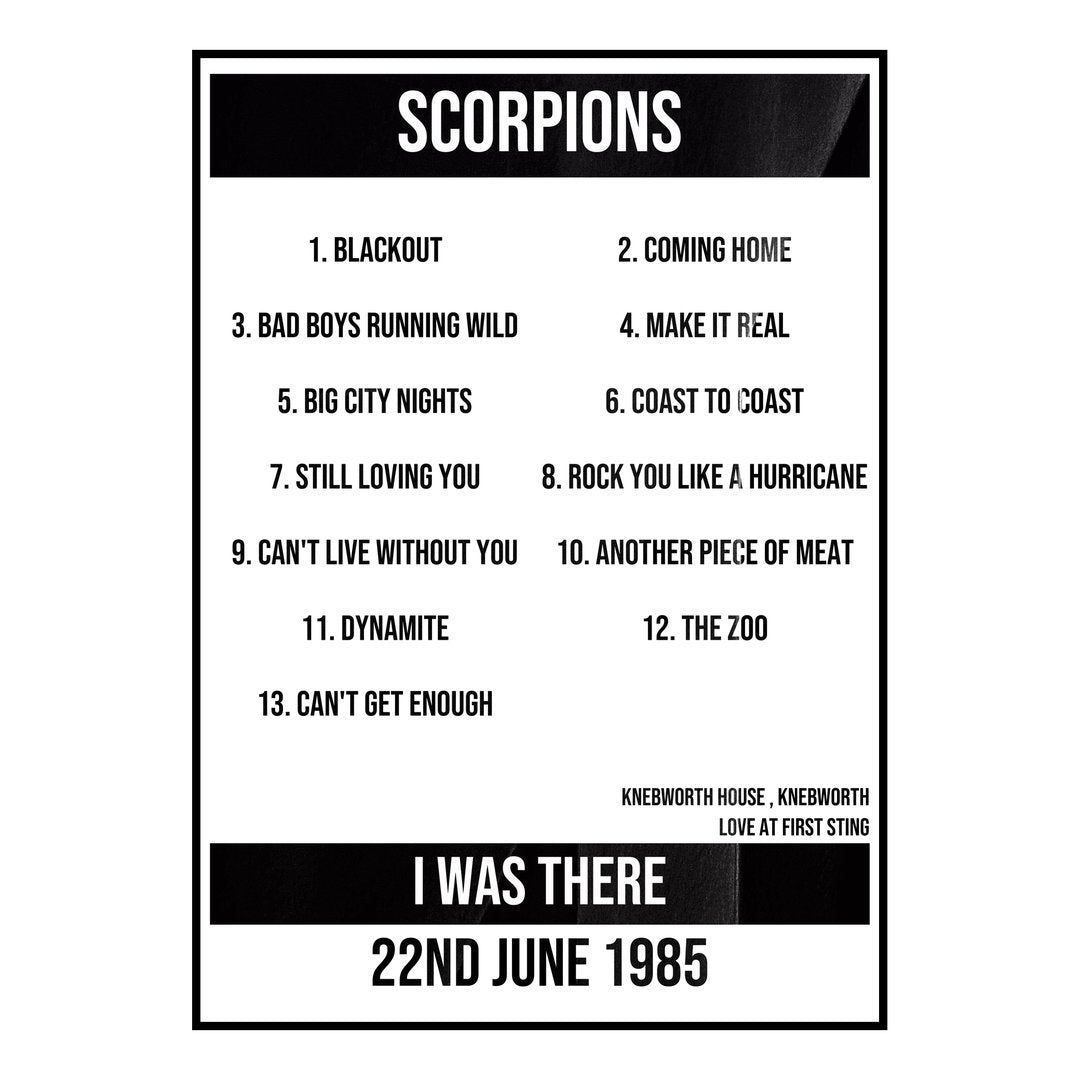 Scorpions Knebworth 22nd June 1985 Setlist poster