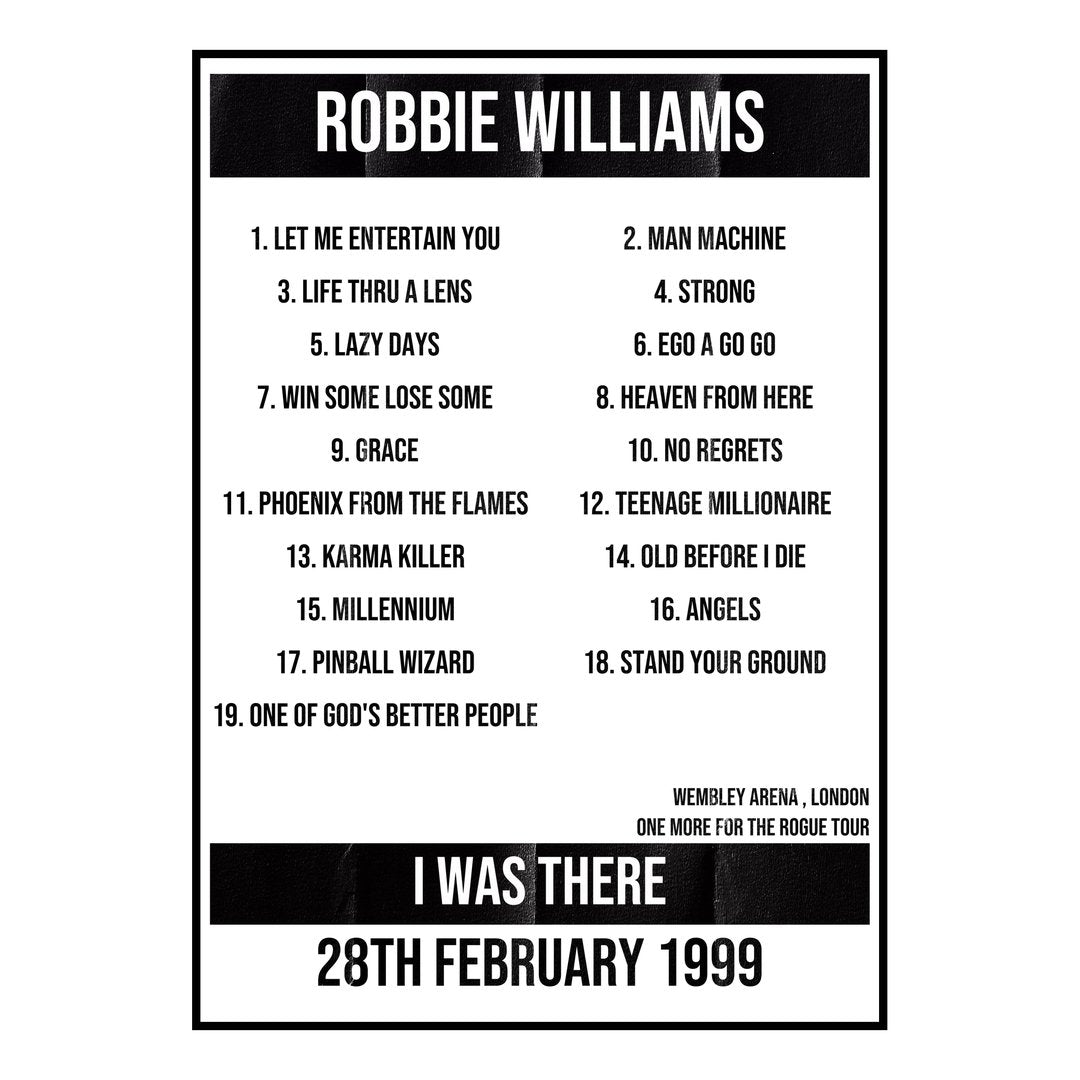 Robbie Williams London 28th February 1999 Setlist poster