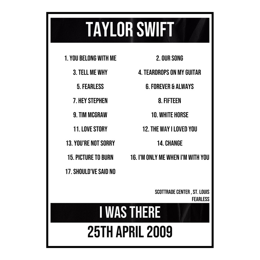Taylor Swift St. Louis 25th April 2009 Setlist poster