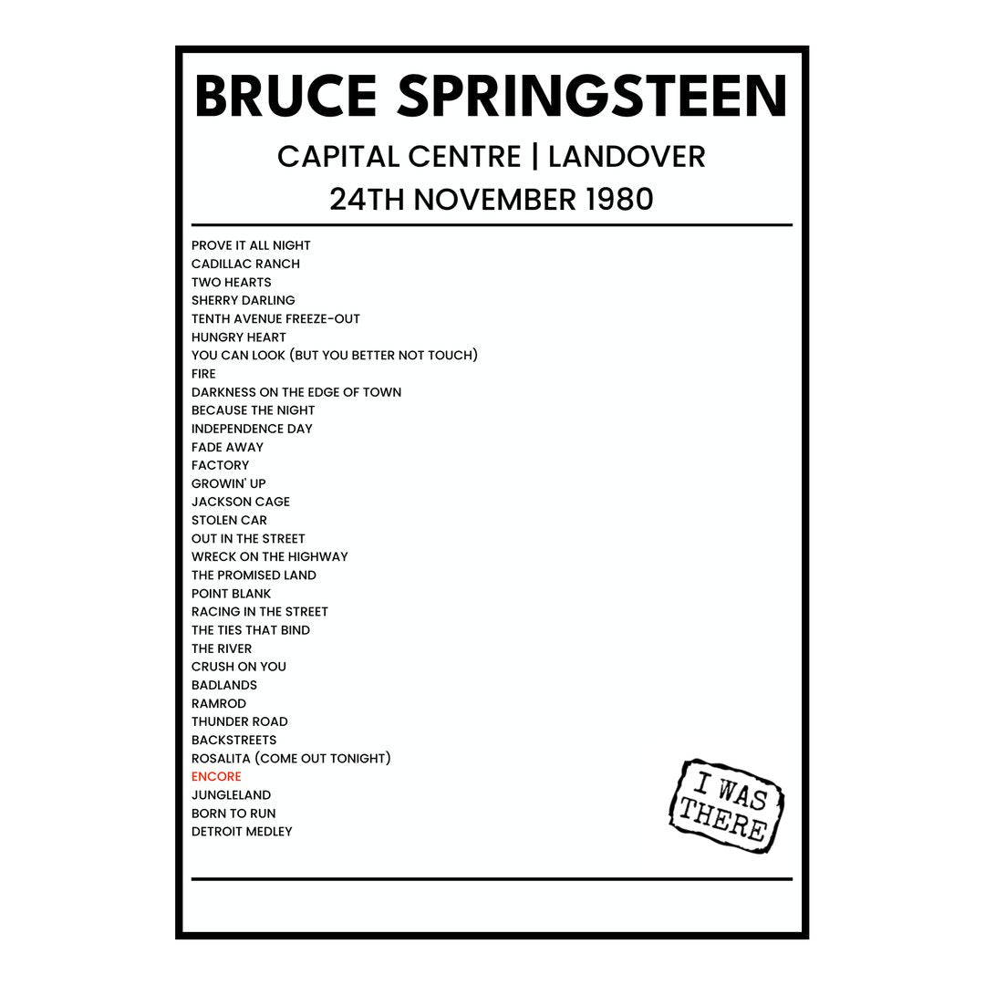 Bruce Springsteen Landover 24th November 1980 Setlist poster
