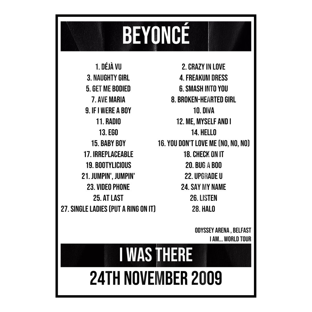 Beyoncé Belfast 24th November 2009 Setlist poster