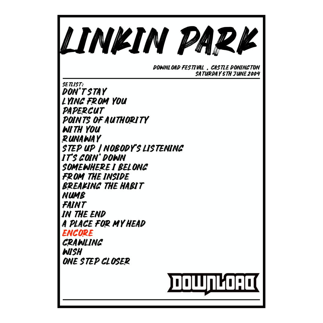 Linkin Park Castle Donington 5th June 2004 Setlist poster