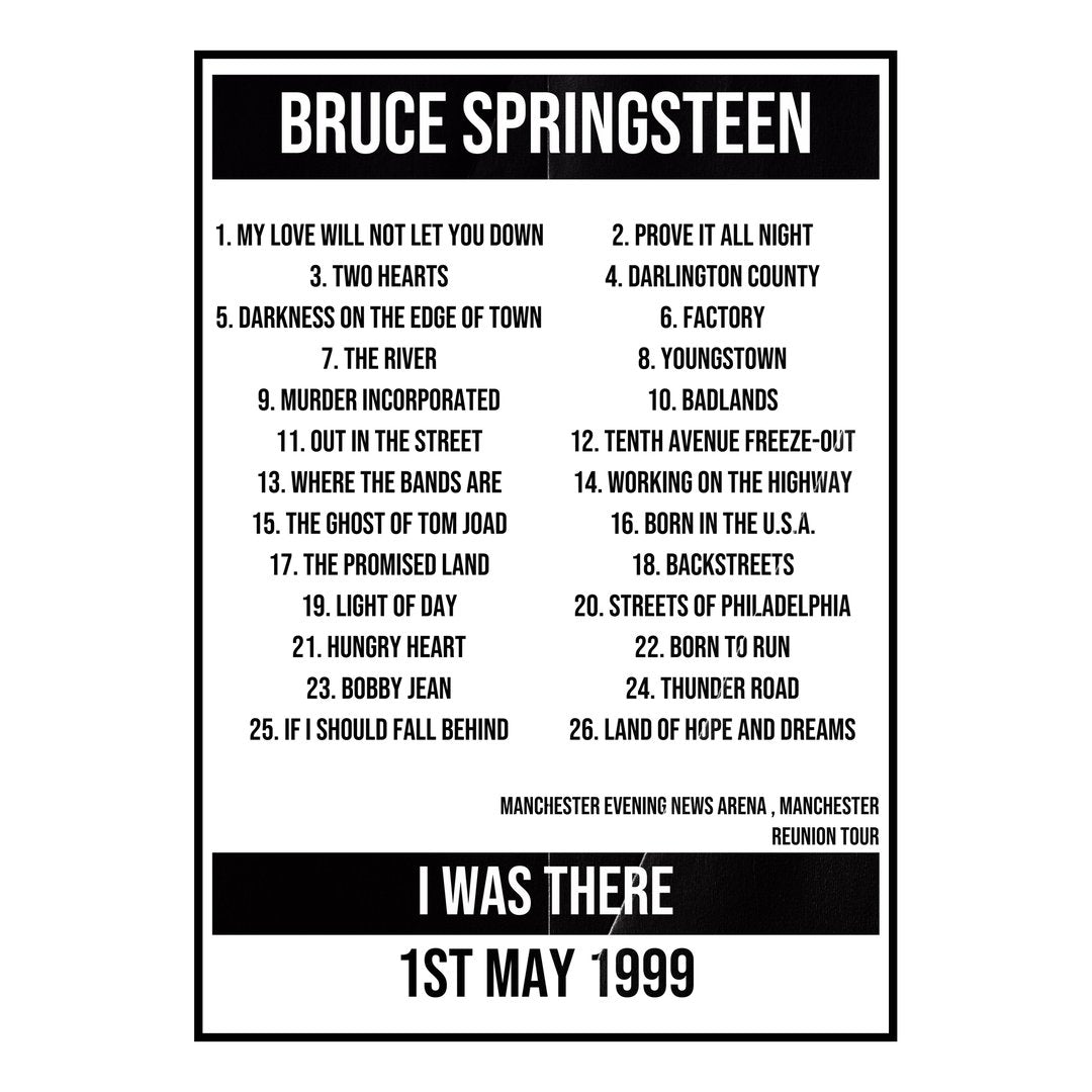 Bruce Springsteen Manchester 1st May 1999 Setlist poster