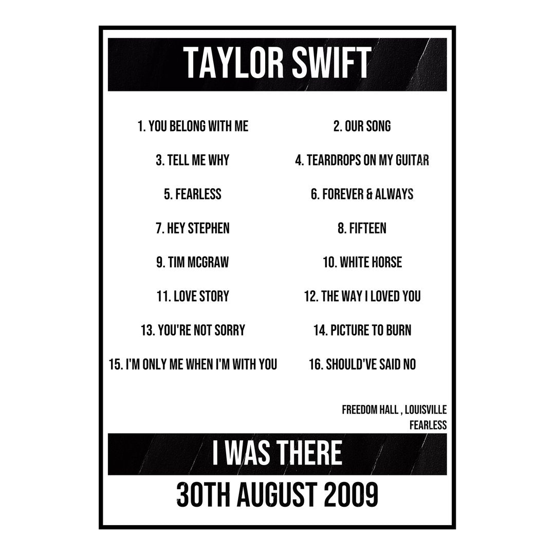 Taylor Swift Louisville 30th August 2009 Setlist poster