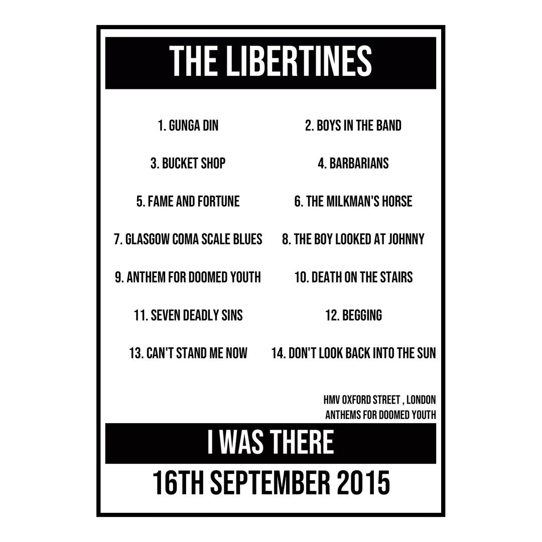 A Setlist Poster Featuring The Libertines Gig from London in 2015