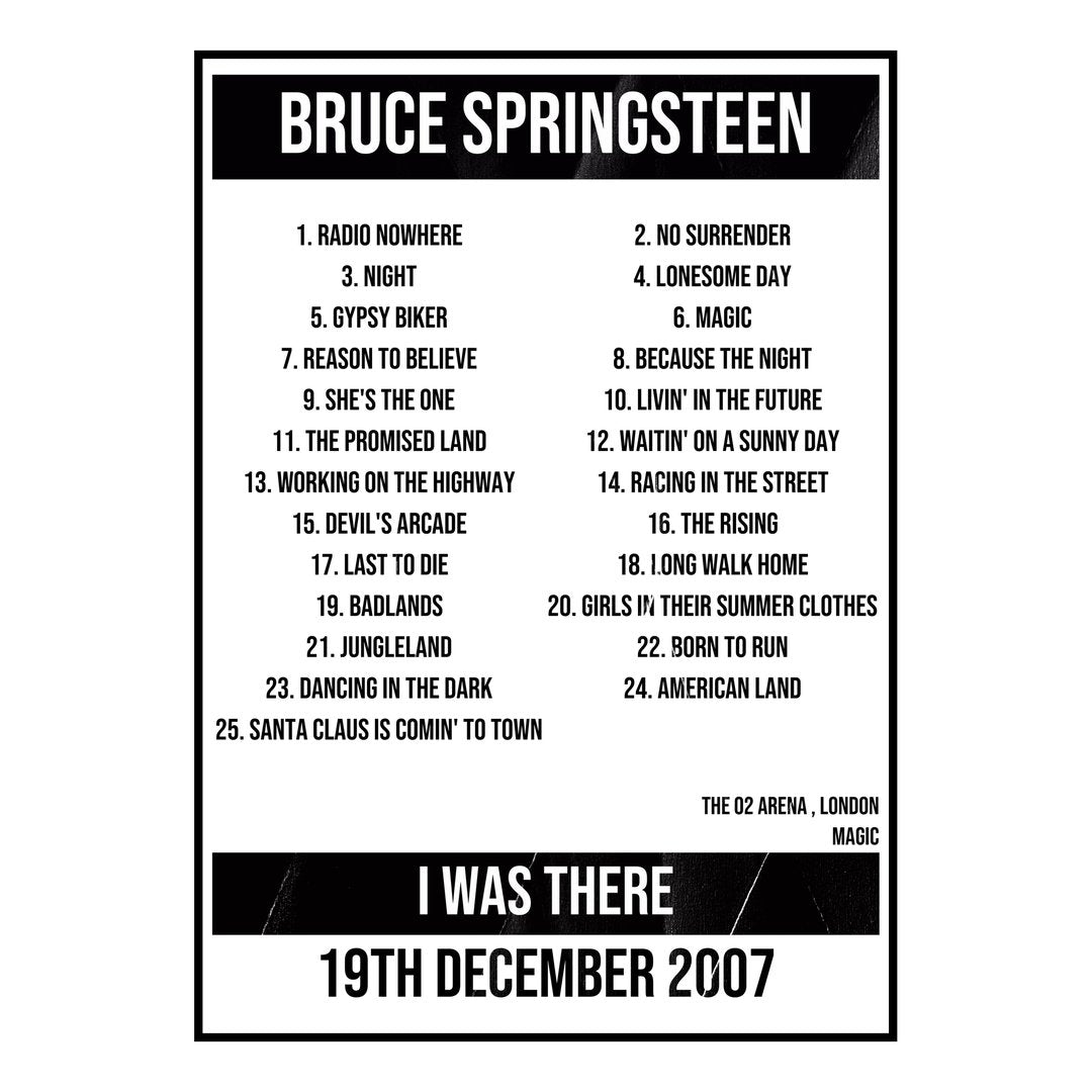 Bruce Springsteen London 19th December 2007 Setlist poster