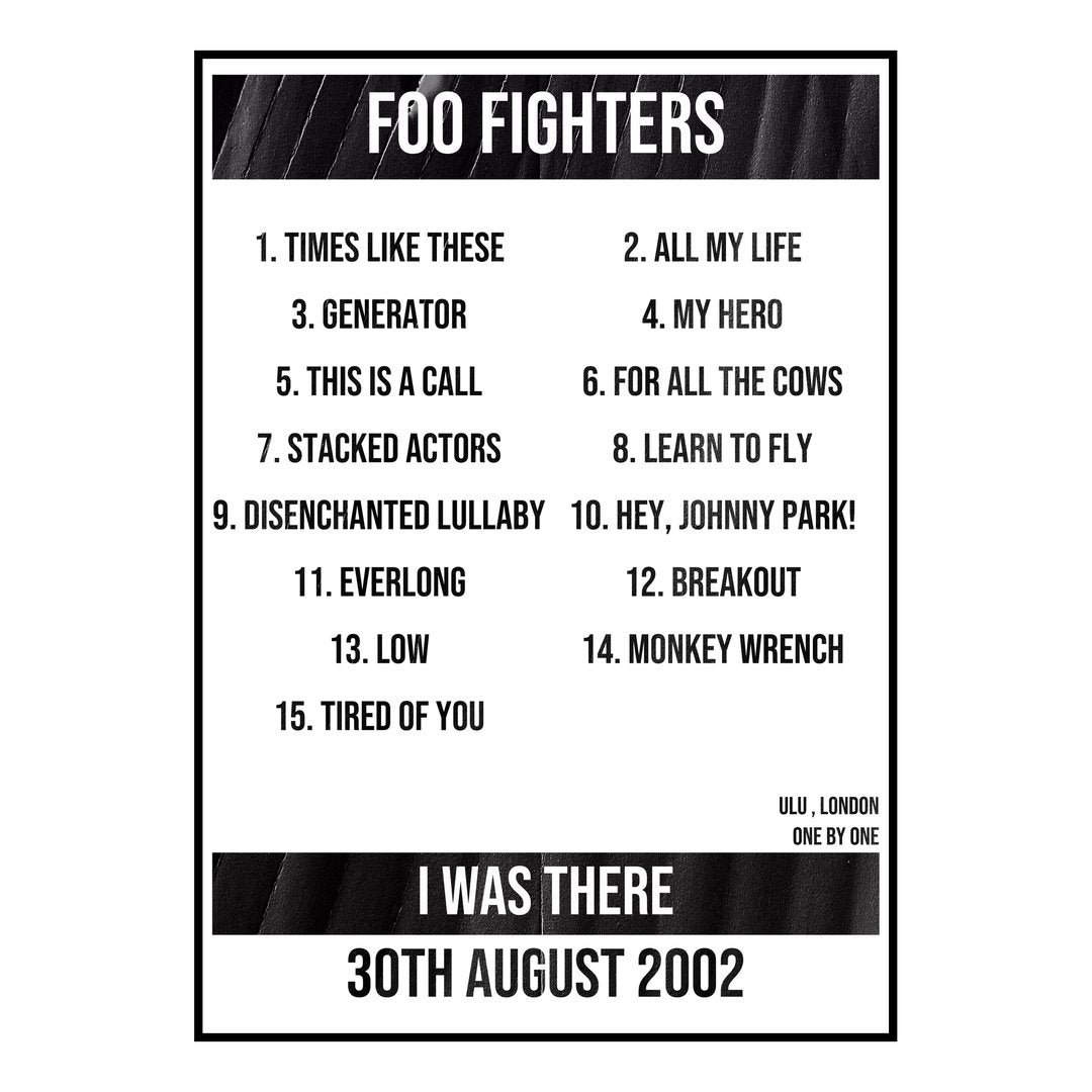 Foo Fighters London 30th August 2002 Setlist poster