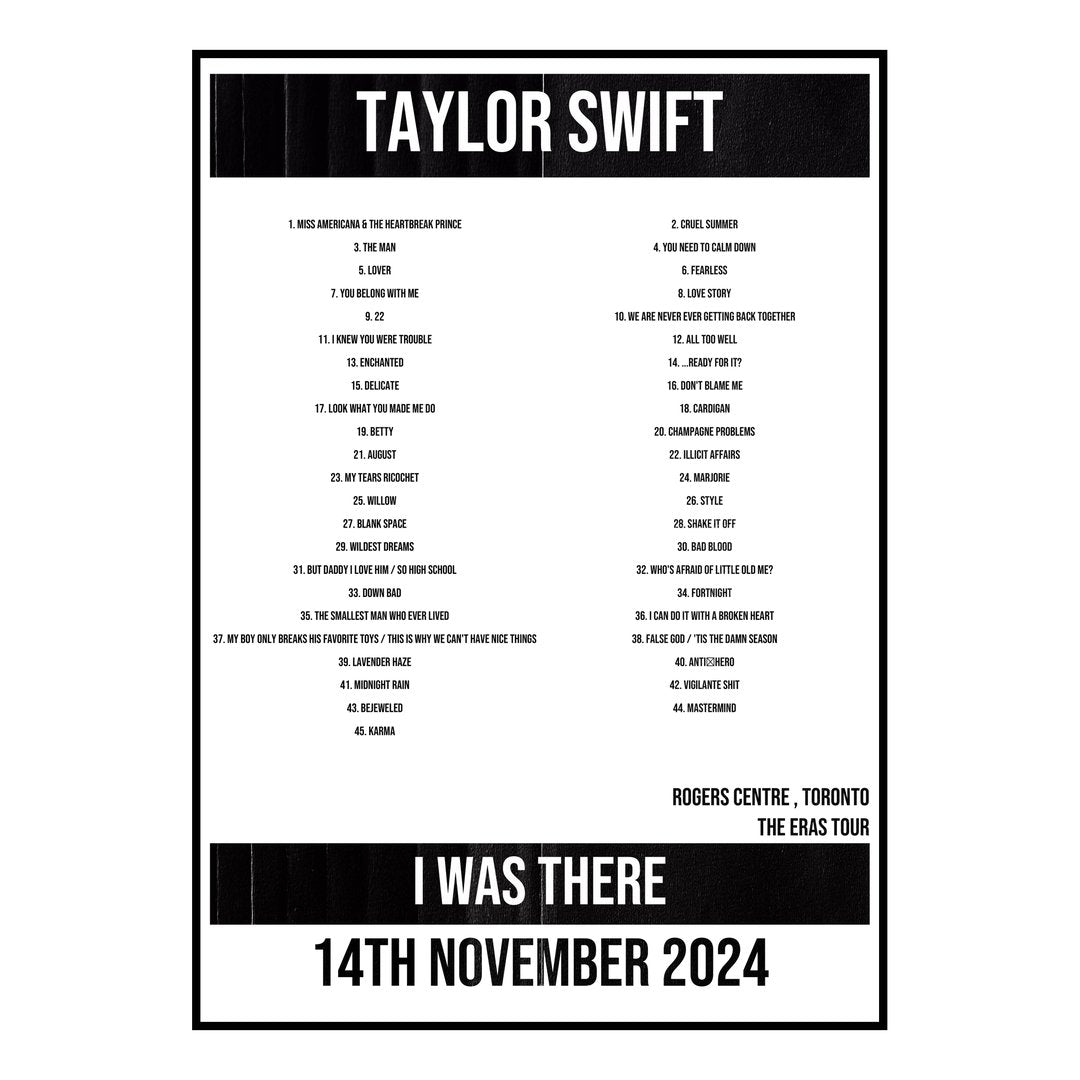 Taylor Swift Toronto 14th November 2024 Setlist poster
