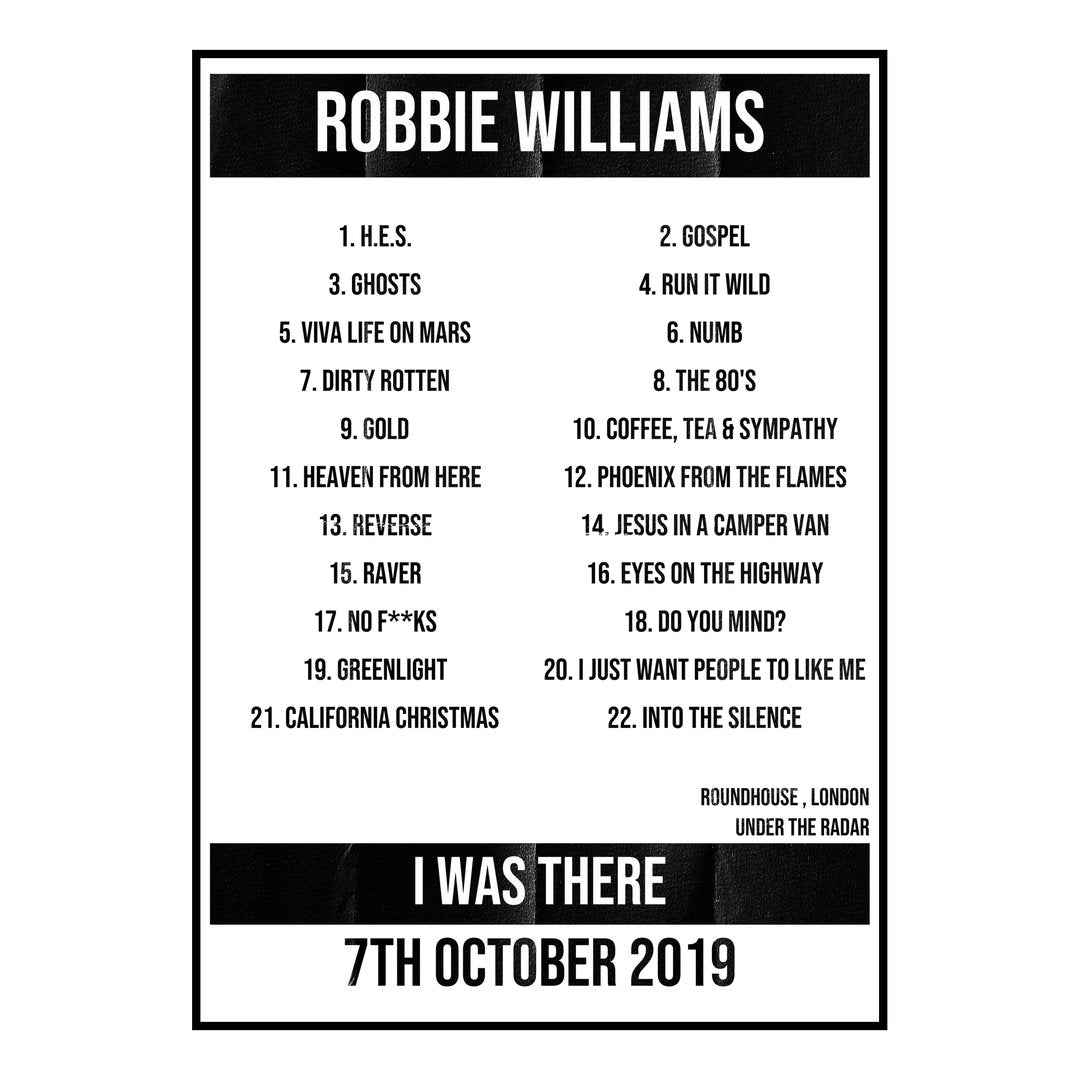 Robbie Williams London 7th October 2019 Setlist poster