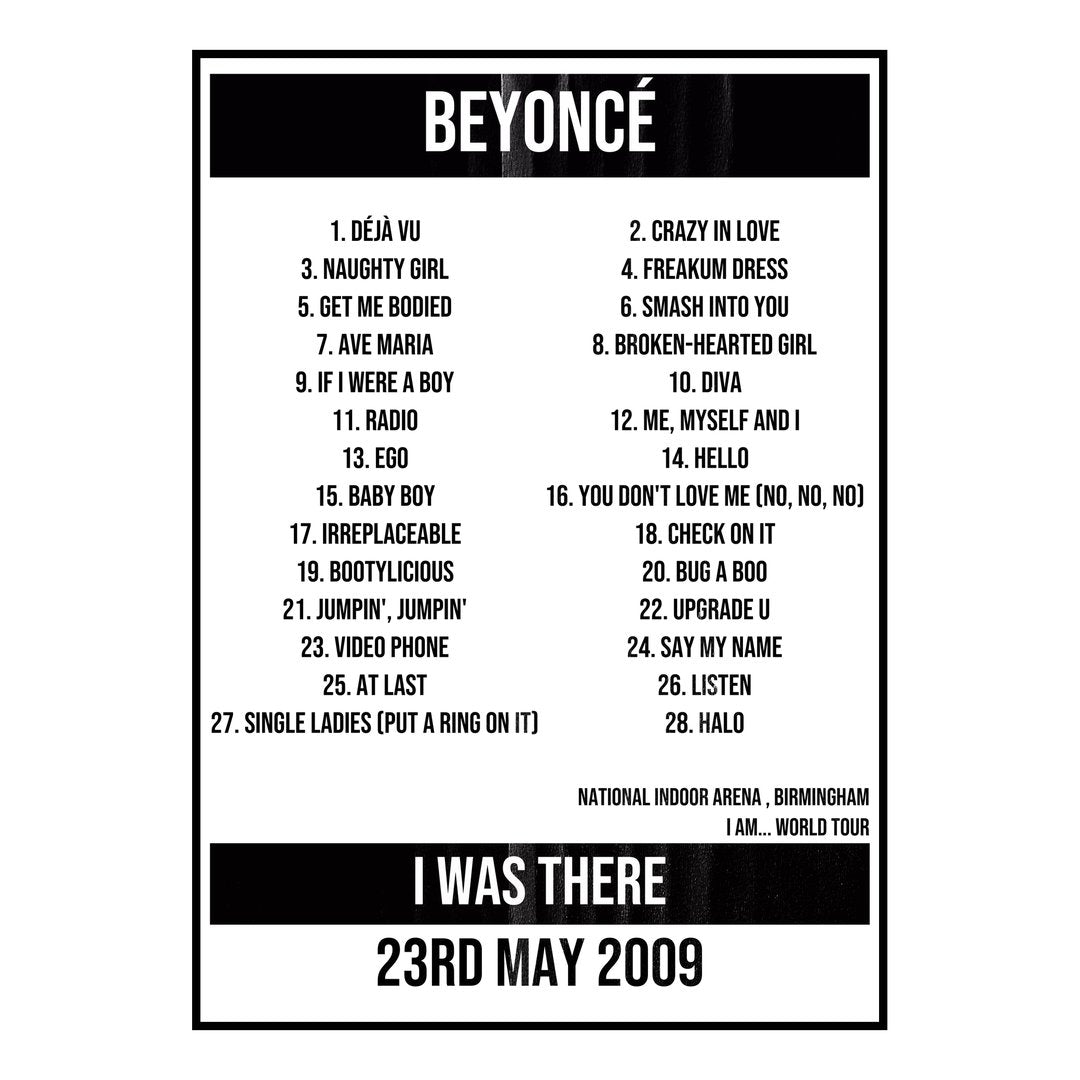 Beyoncé Birmingham 23rd May 2009 Setlist poster