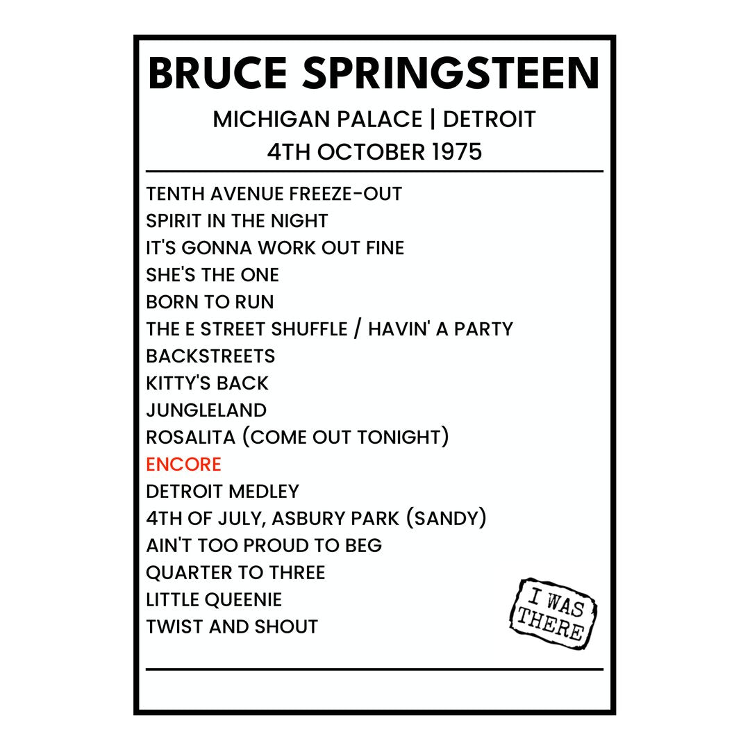 Bruce Springsteen Detroit 4th October 1975 Setlist poster