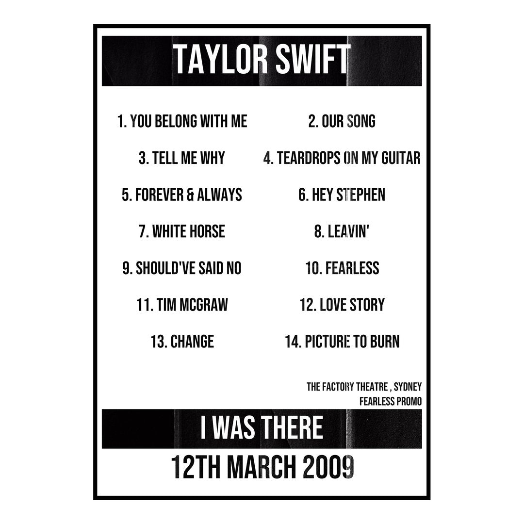 Taylor Swift Sydney 12th March 2009 Setlist poster