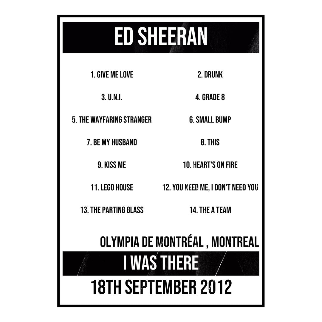Ed Sheeran Montreal 18th September 2012 Setlist poster