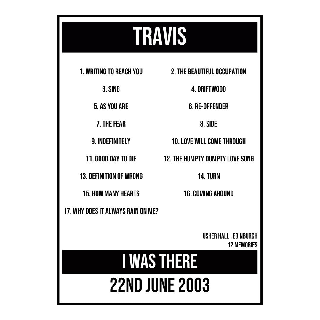 A Setlist Poster Featuring Travis Gig from Edinburgh in 2003