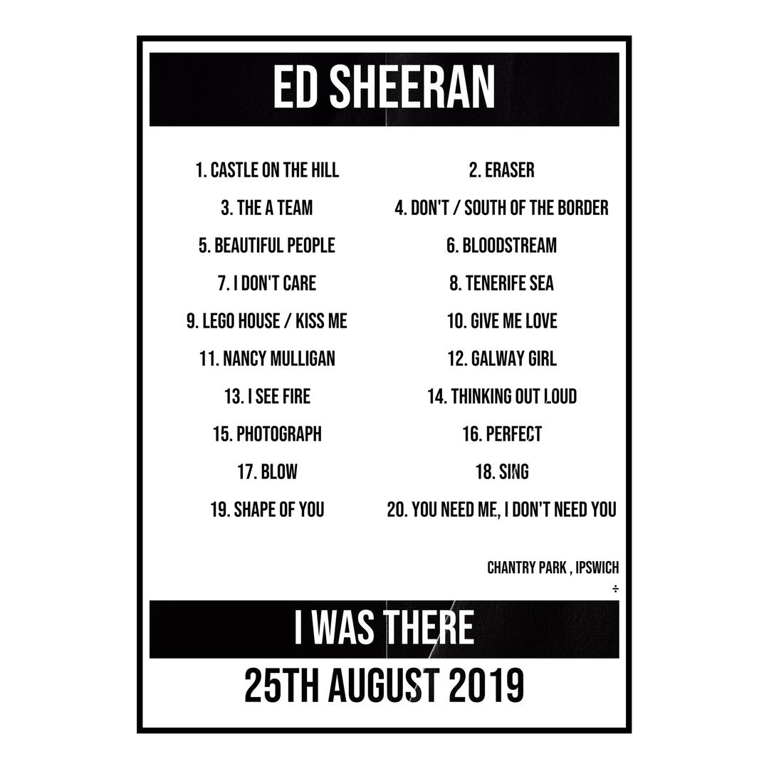 Ed Sheeran Ipswich 25th August 2019 Setlist poster
