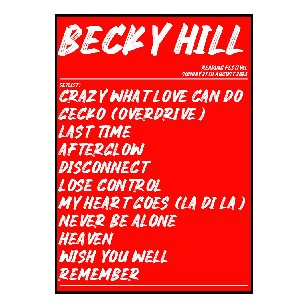 Becky Hill Reading 27th August 2023 Setlist poster