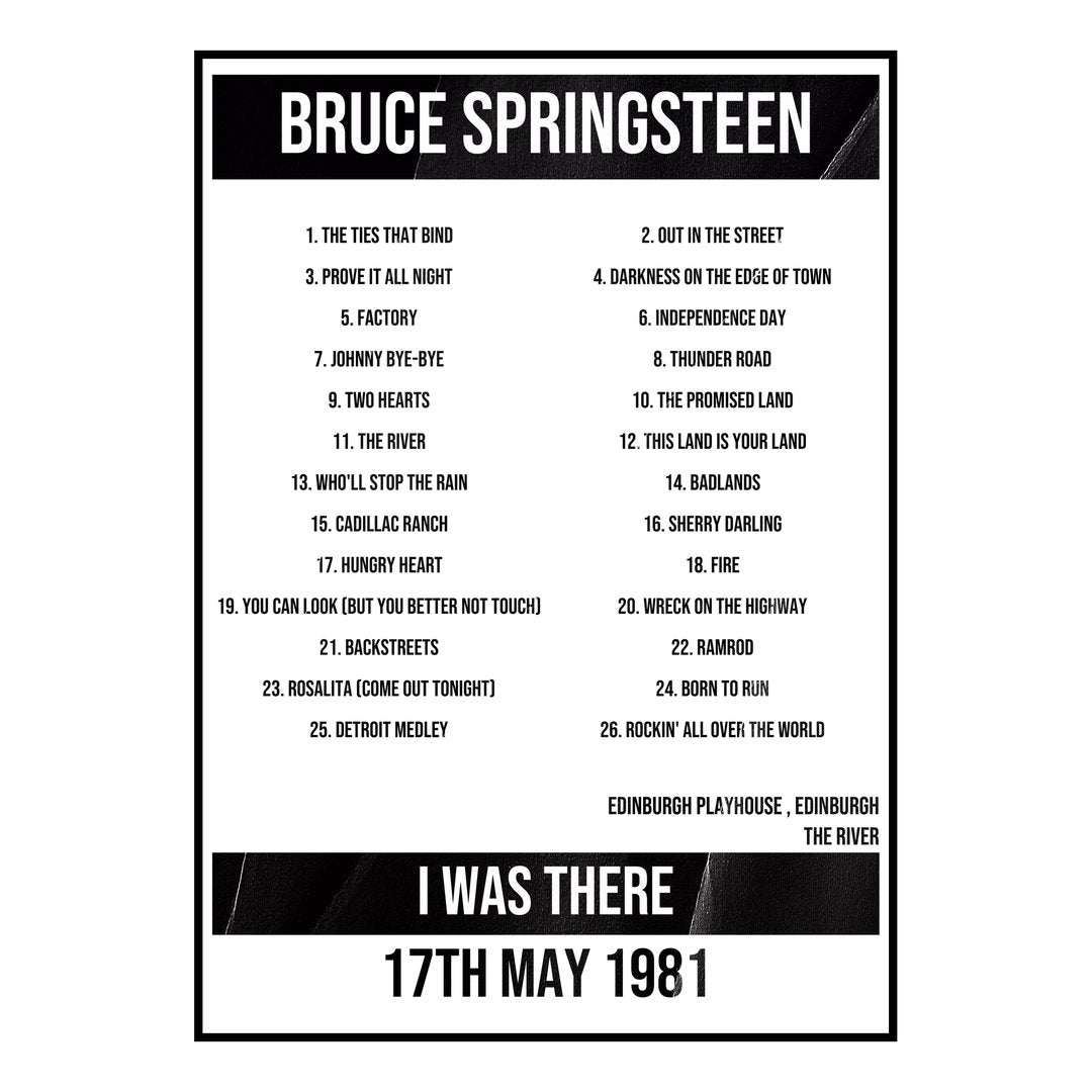Bruce Springsteen Edinburgh 17th May 1981 Setlist poster