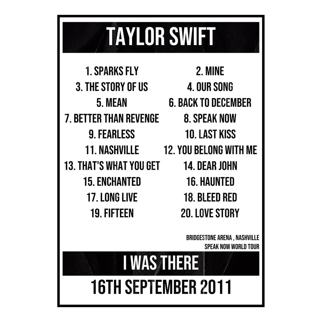 Taylor Swift Nashville 16th September 2011 Setlist poster