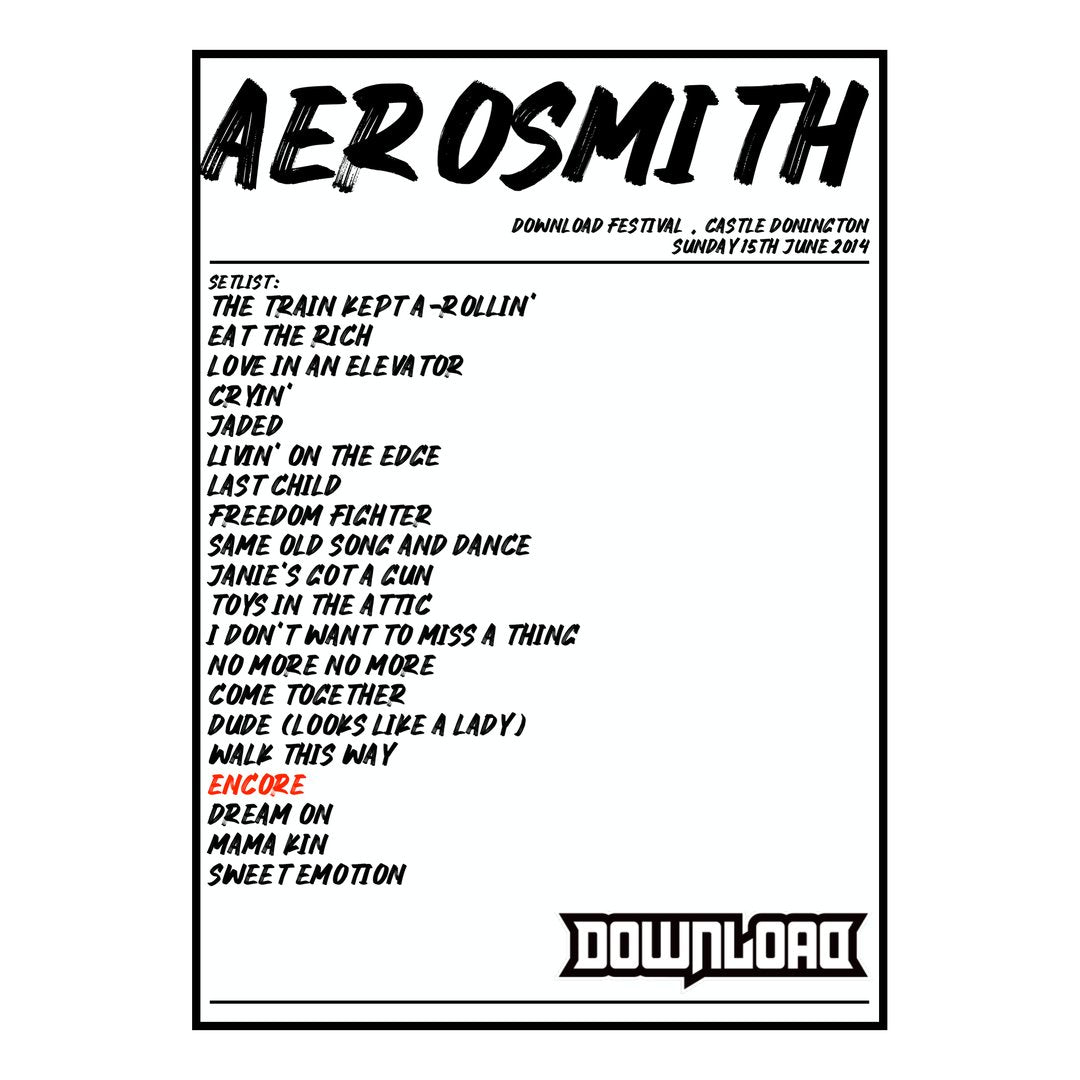 Aerosmith Castle Donington 15th June 2014 Setlist poster