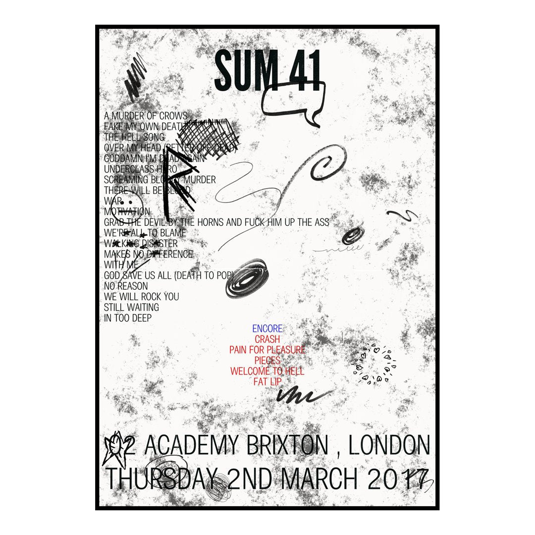 Sum 41 London 2nd March 2017 Setlist poster