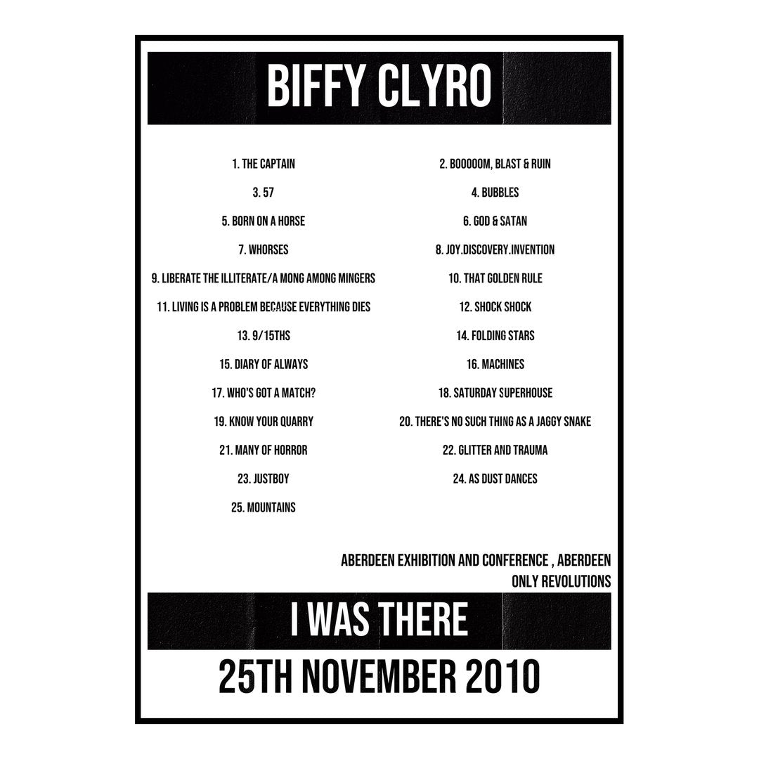 Biffy Clyro Aberdeen 25th November 2010 Setlist poster