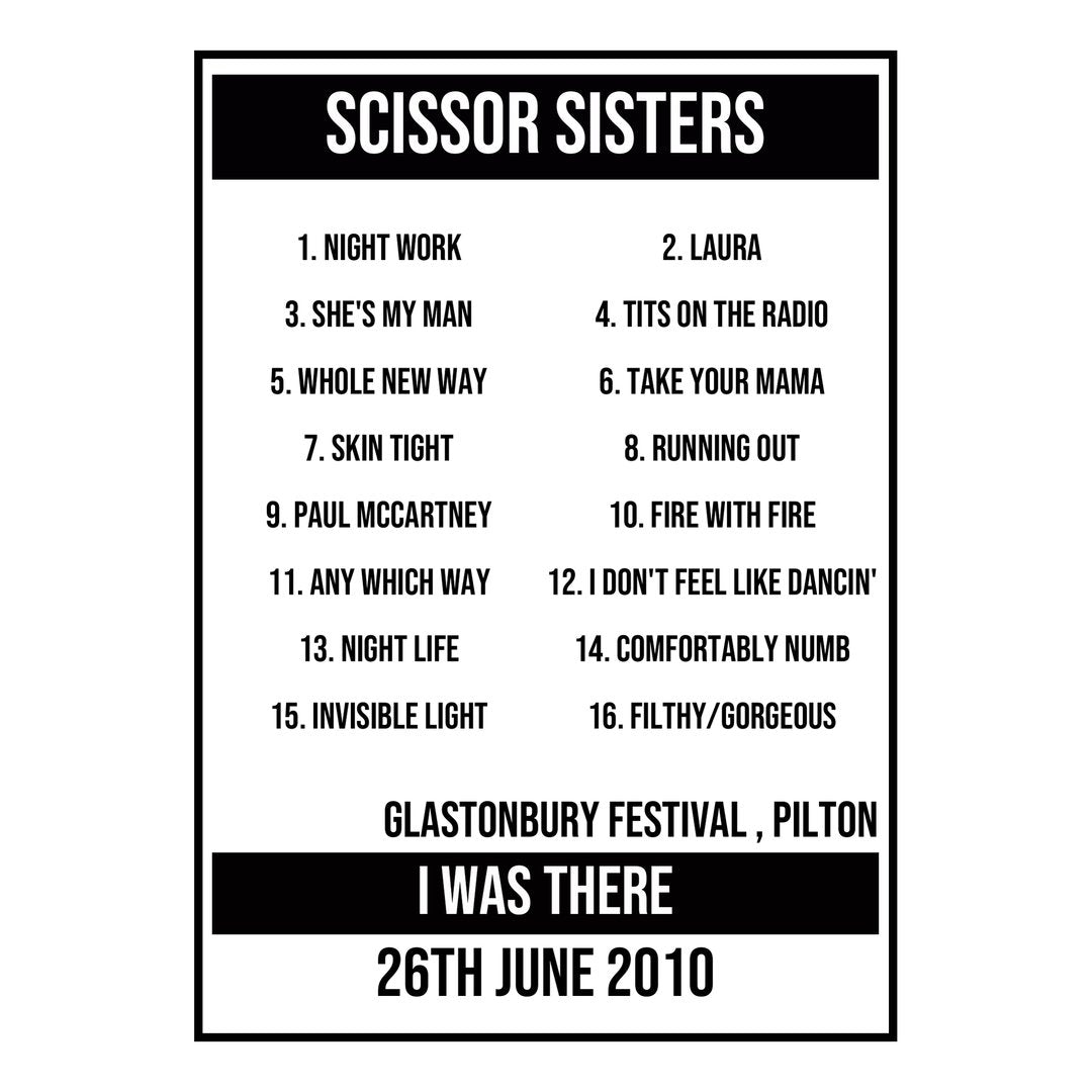 A Setlist Poster Featuring Scissor Sisters Gig from Pilton in 2010