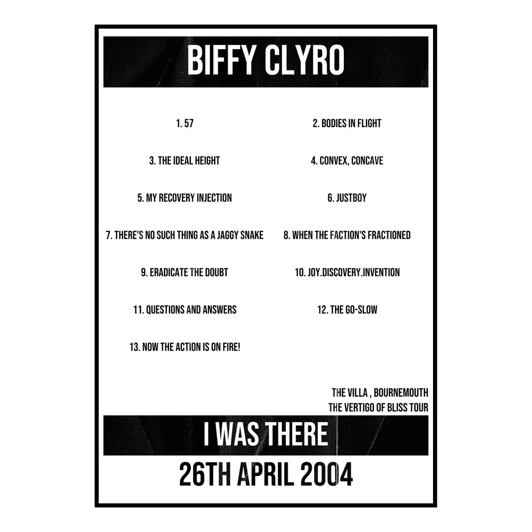 Biffy Clyro Bournemouth 26th April 2004 Setlist poster