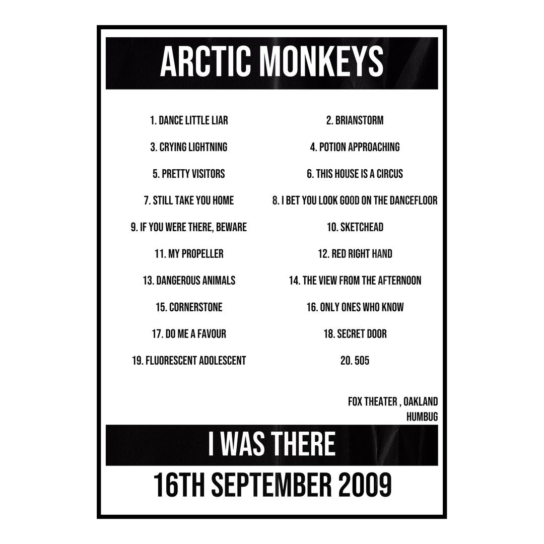 Arctic Monkeys Oakland 16th September 2009 Setlist poster