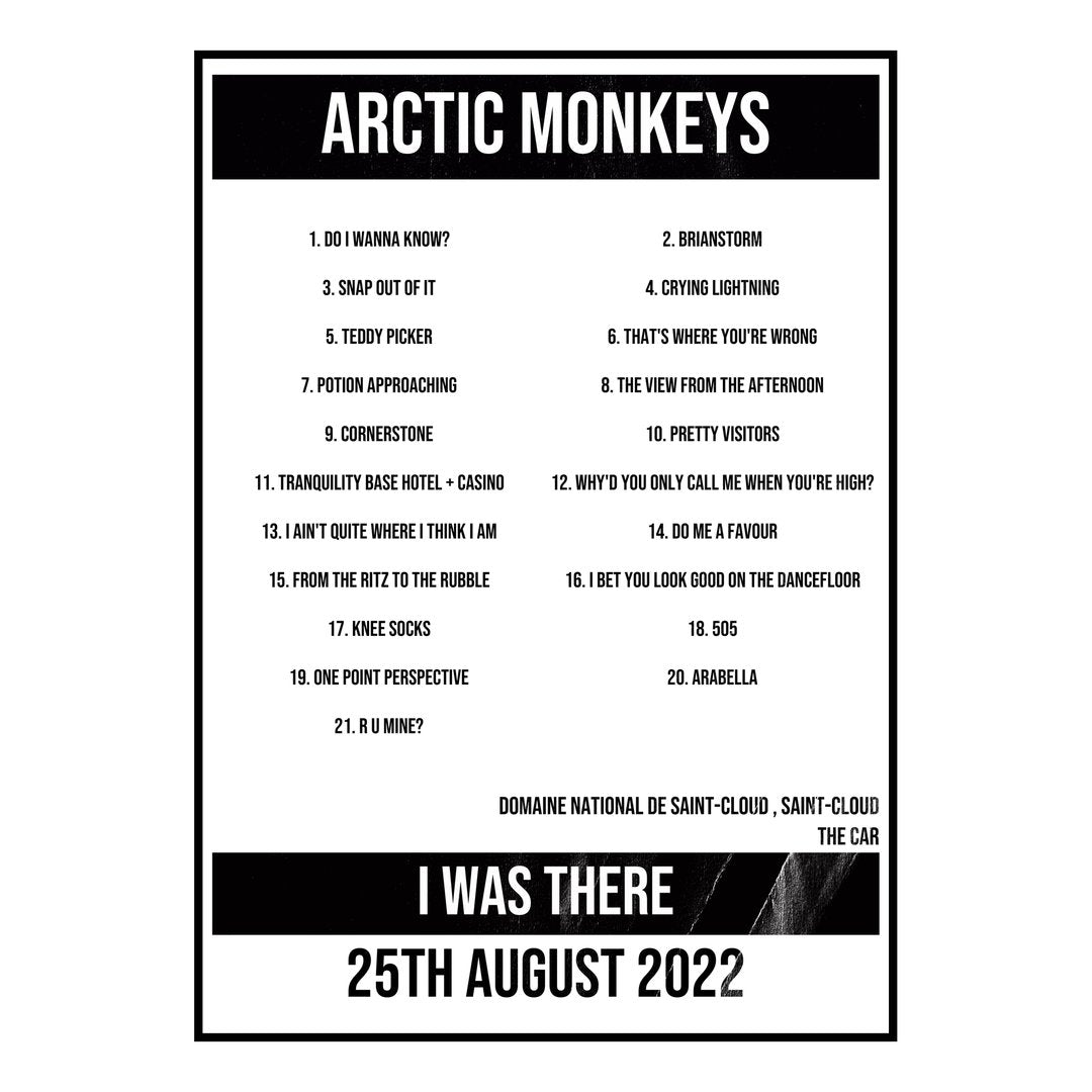 Arctic Monkeys Saint-Cloud 25th August 2022 Setlist poster