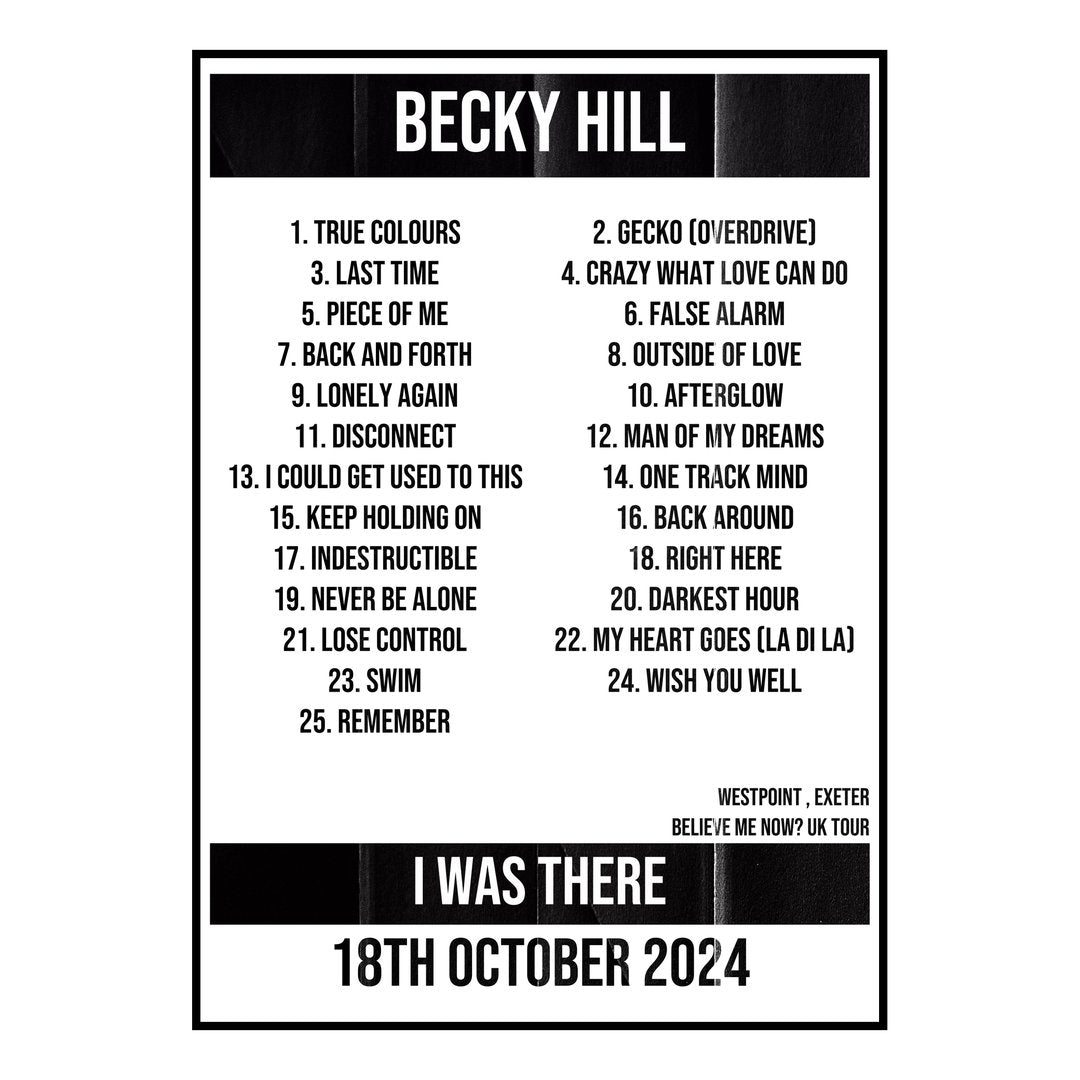 Becky Hill Exeter 18th October 2024 Setlist poster