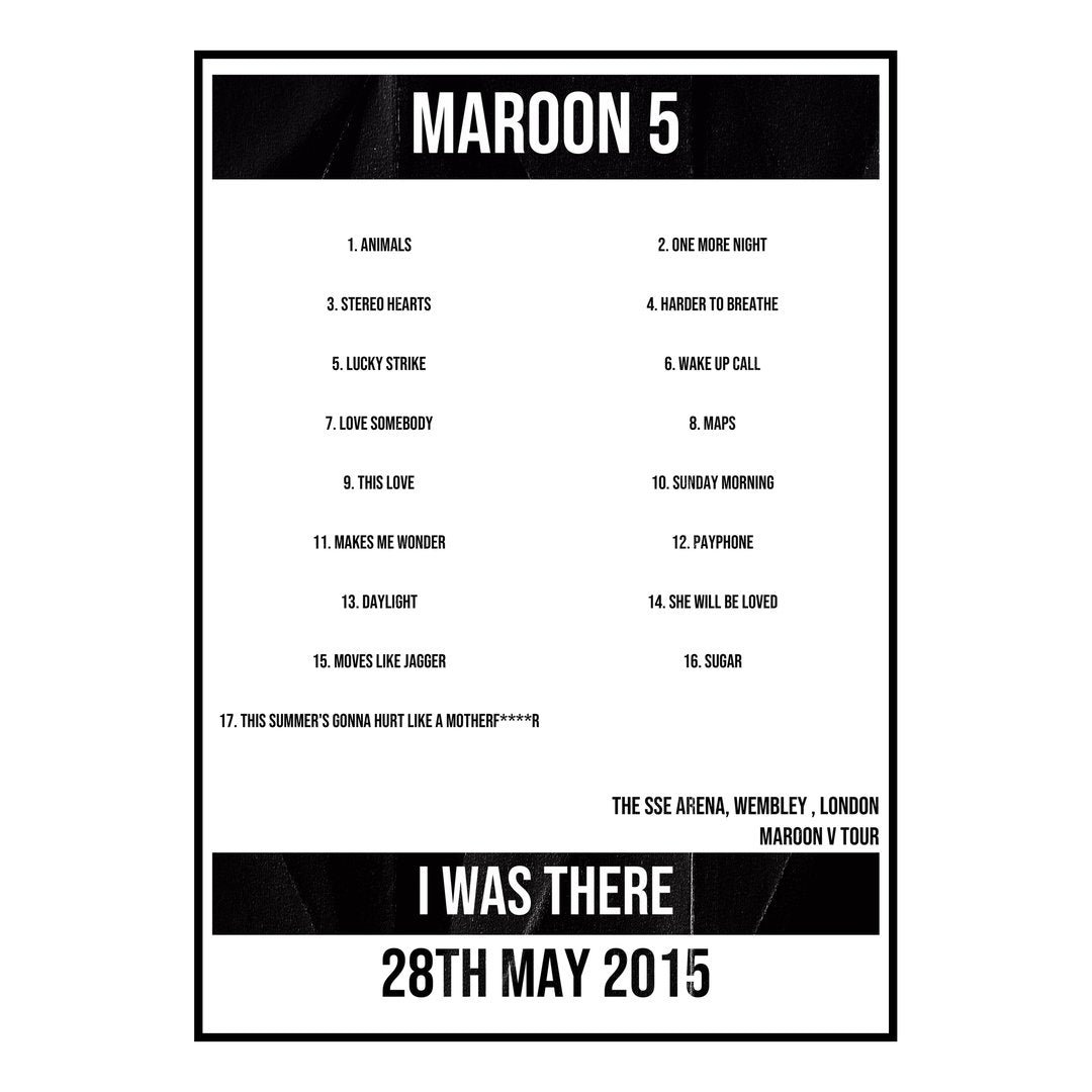 Maroon 5 London 28th May 2015 Setlist poster