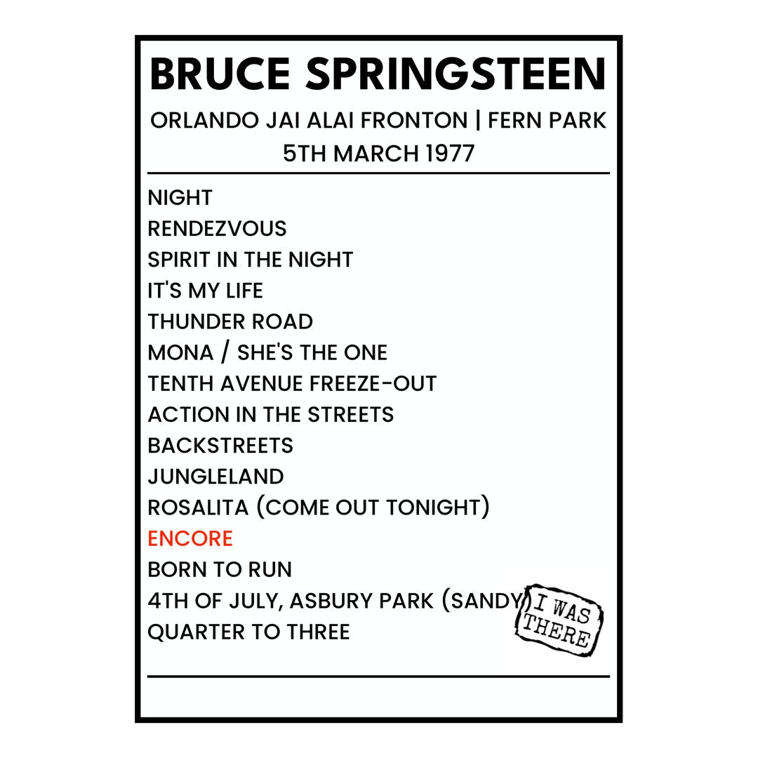 Bruce Springsteen Fern Park 5th March 1977 Setlist poster