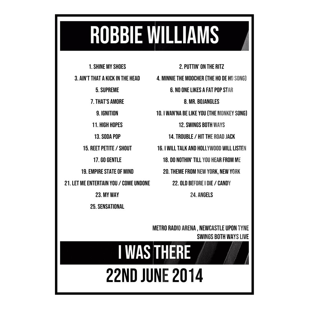 Robbie Williams Newcastle upon Tyne 22nd June 2014 Setlist poster