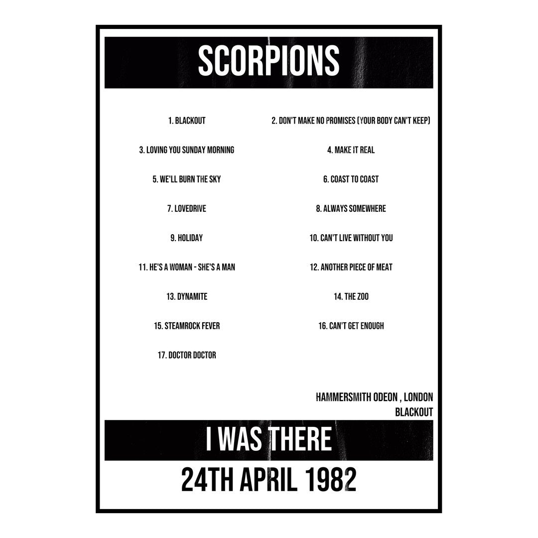 Scorpions London 24th April 1982 Setlist poster