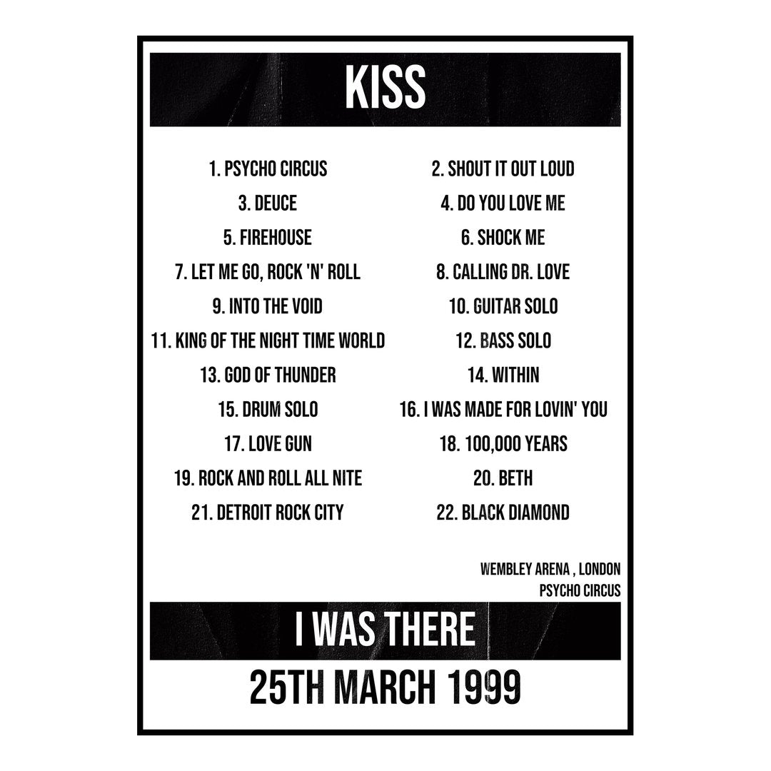 KISS London 25th March 1999 Setlist poster