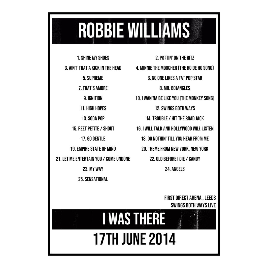 Robbie Williams Leeds 17th June 2014 Setlist poster