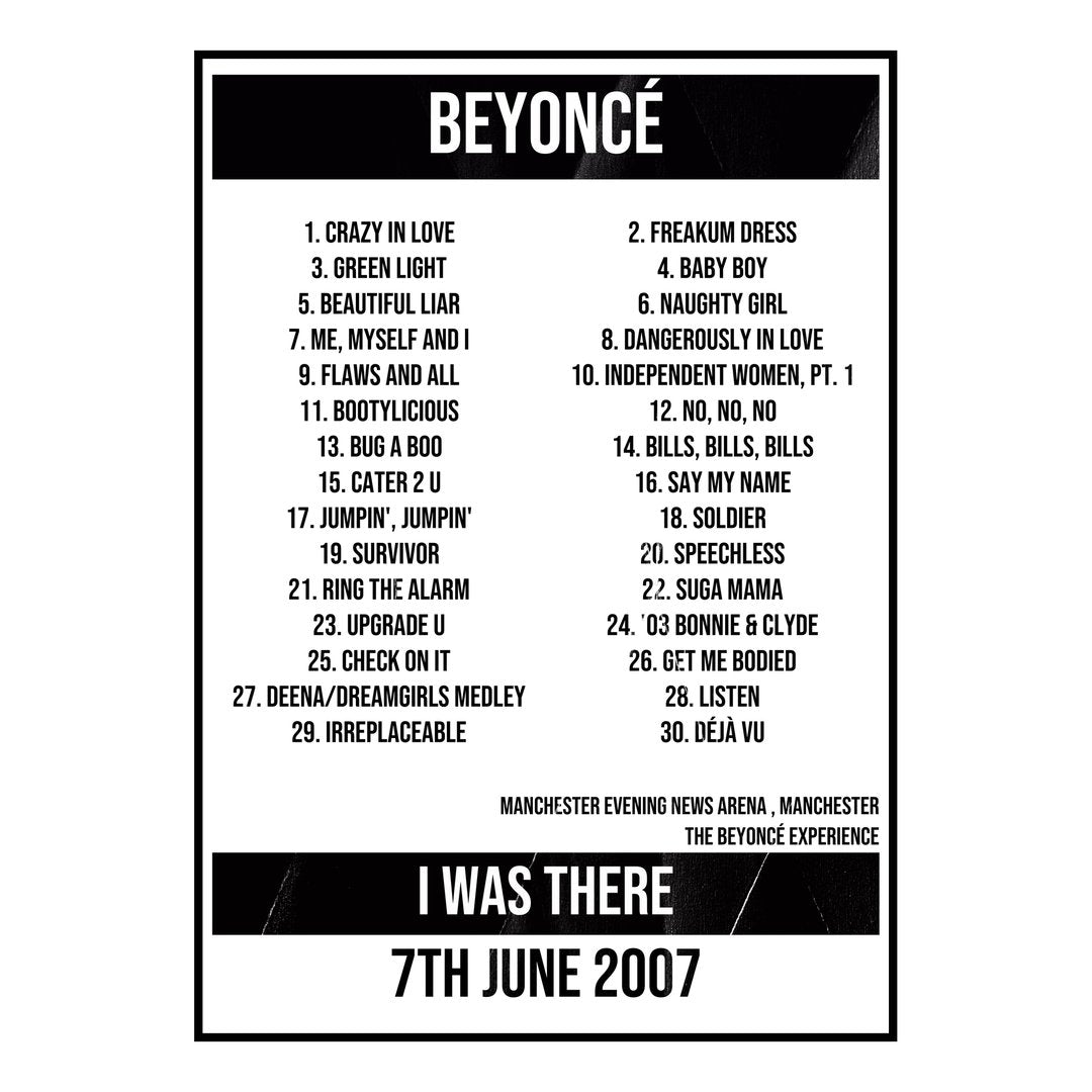 Beyoncé Manchester 7th June 2007 Setlist poster