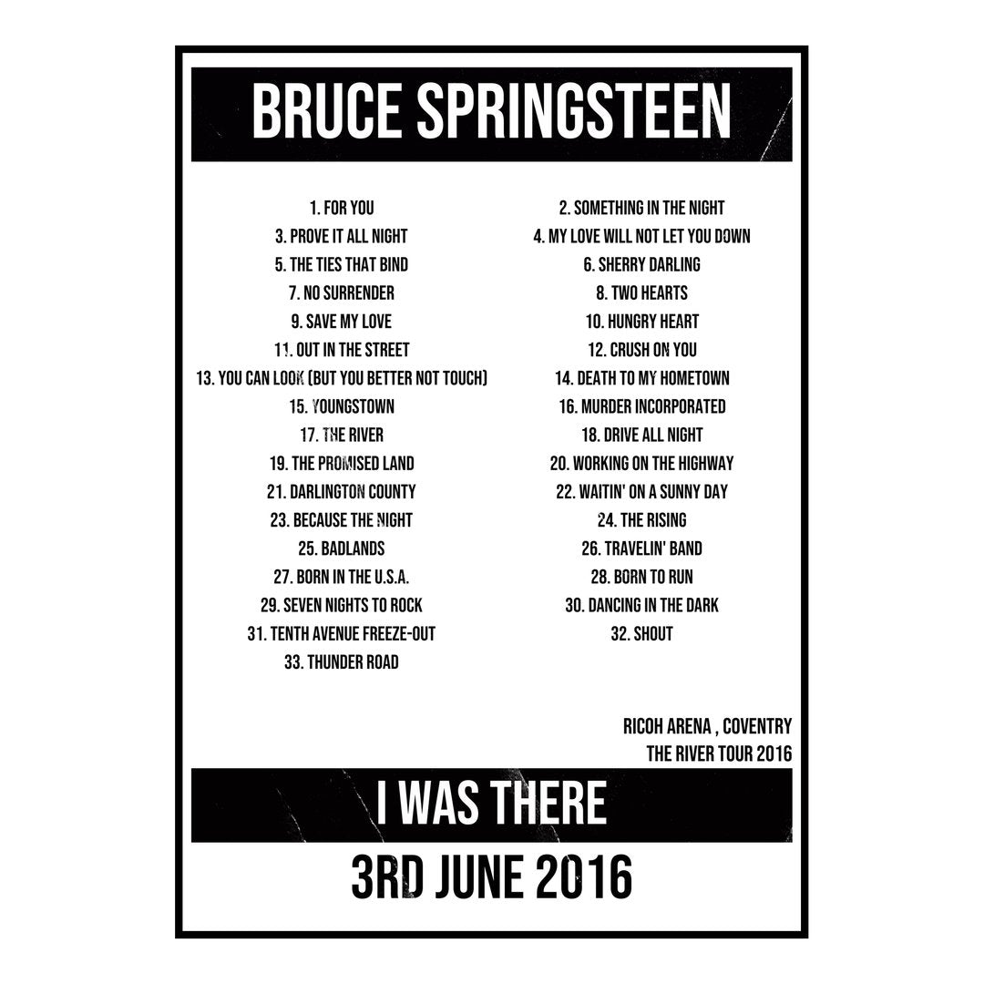 Bruce Springsteen Coventry 3rd June 2016 Setlist poster