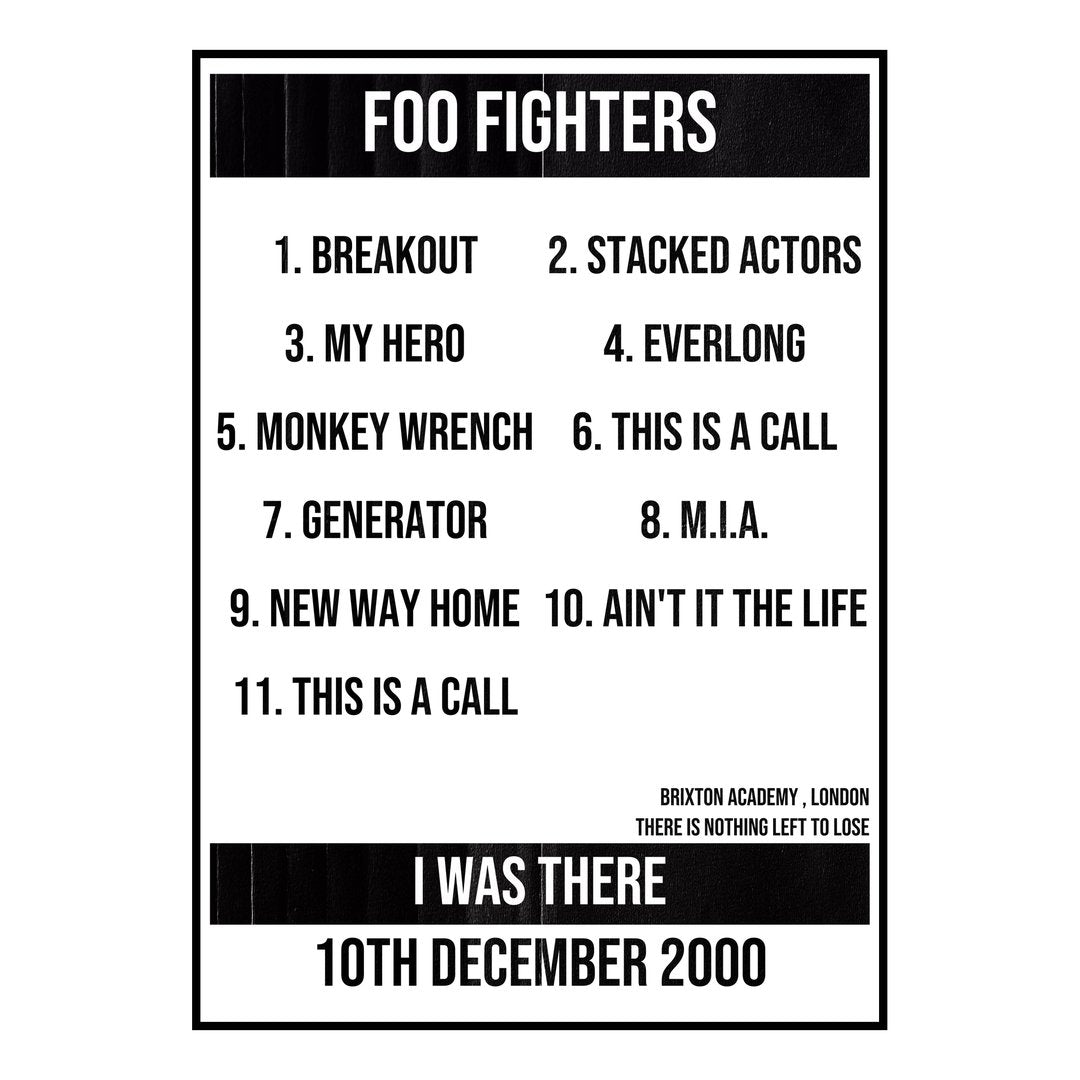 Foo Fighters London 10th December 2000 Setlist poster