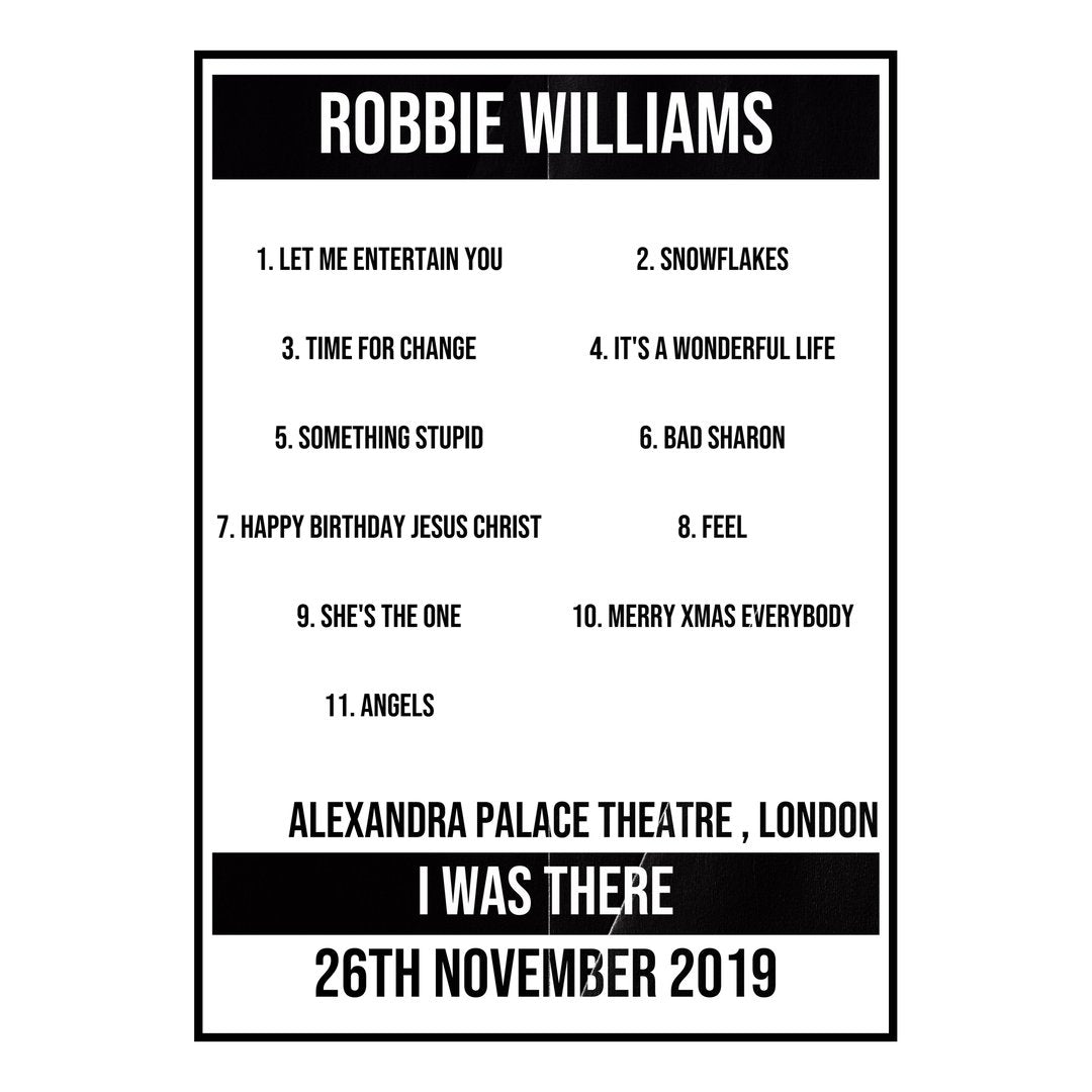 Robbie Williams London 26th November 2019 Setlist poster