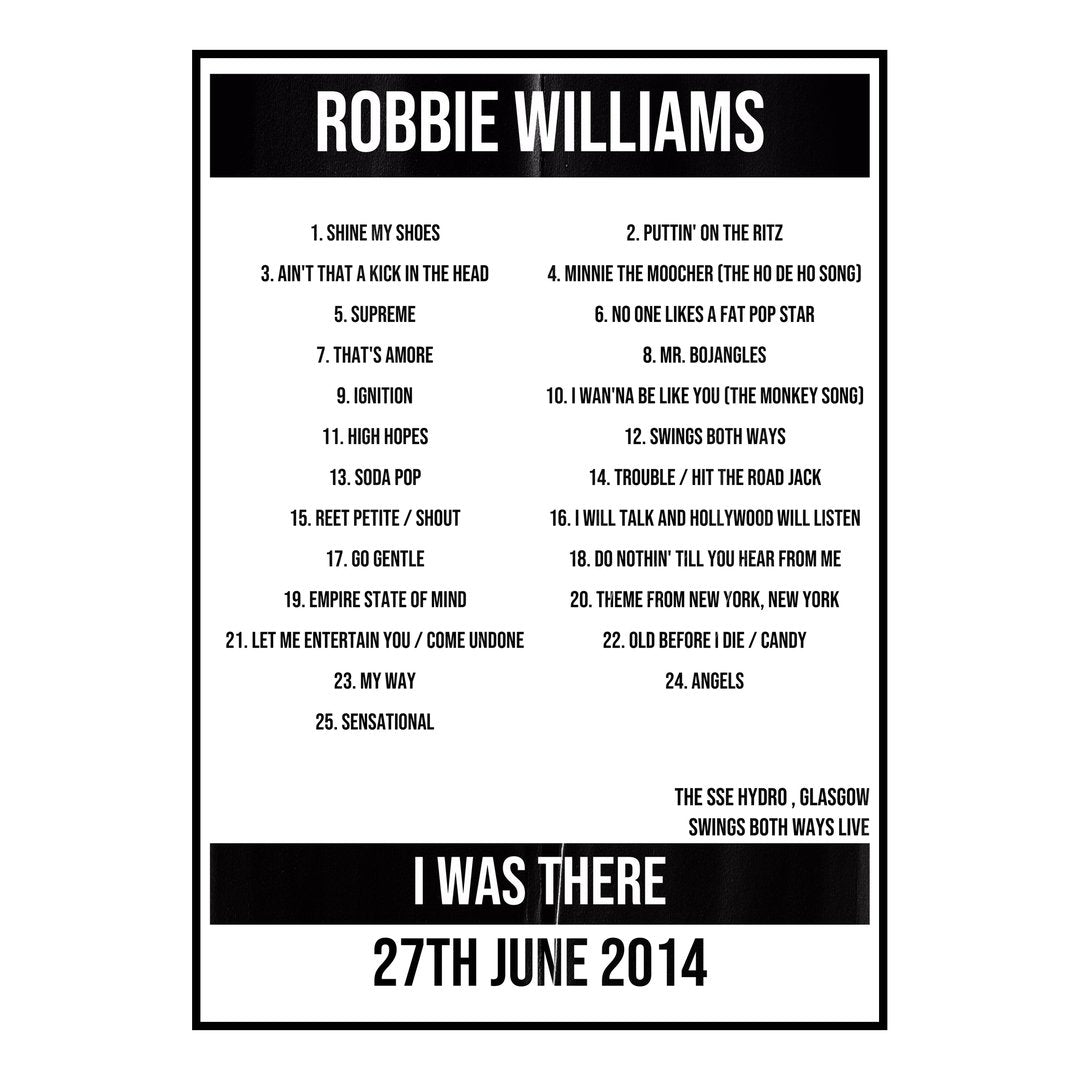Robbie Williams Glasgow 27th June 2014 Setlist poster