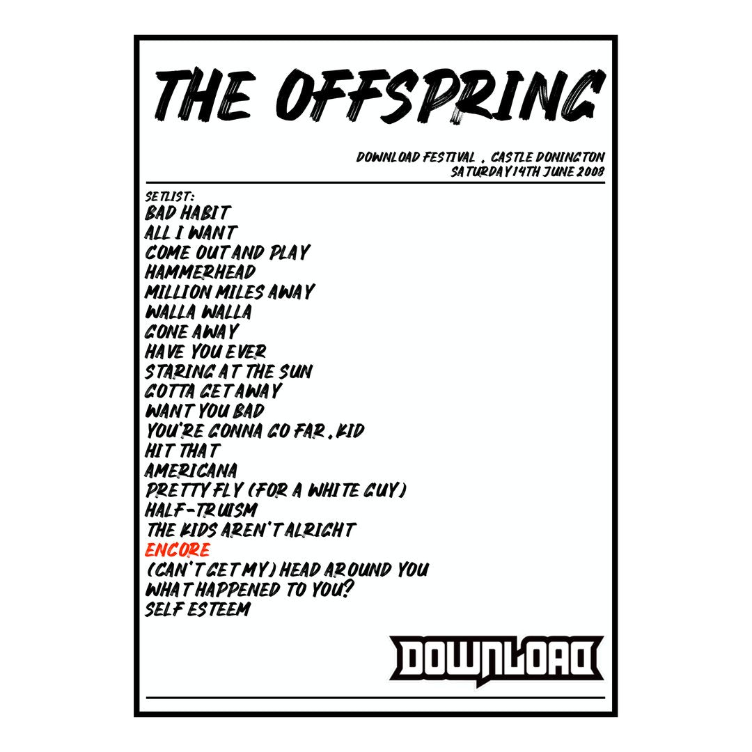 The Offspring Castle Donington 14th June 2008 Setlist poster