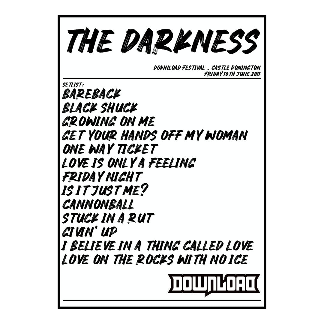 The Darkness Castle Donington 10th June 2011 Setlist poster