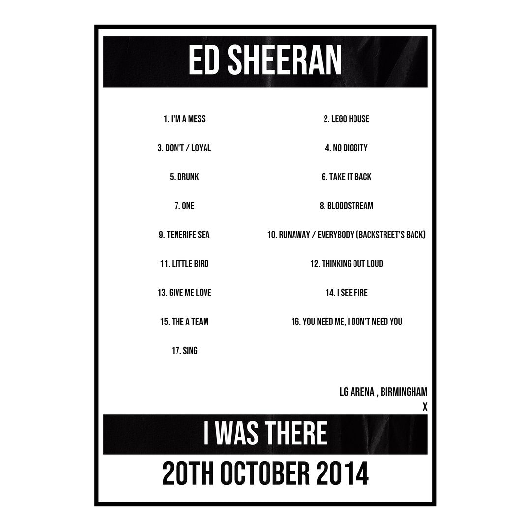 Ed Sheeran Birmingham 20th October 2014 Setlist poster